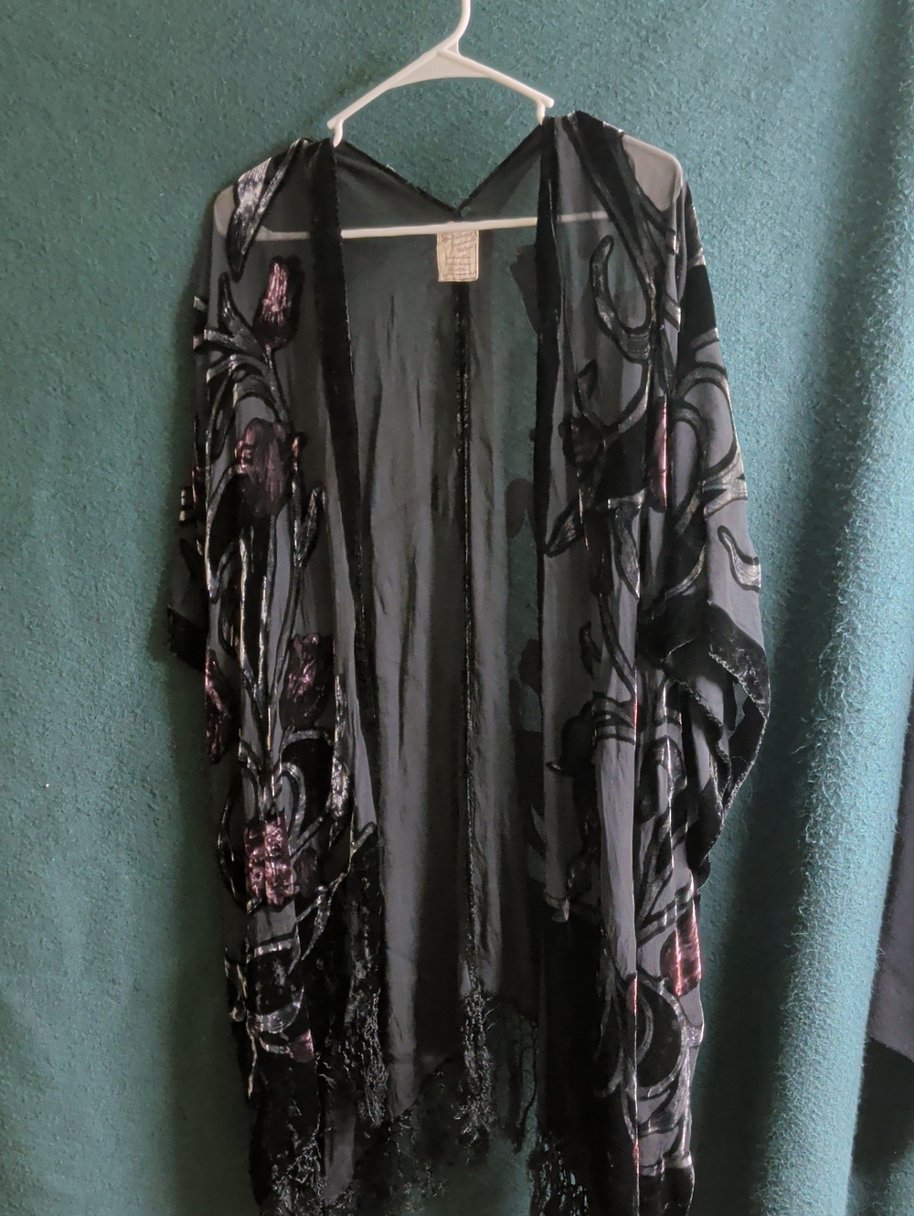 Sheer Black Floral Velvet Kimono Shrug with Fringe